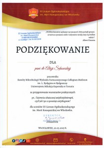 Podziękowania za organizację VI edycji Warsztatów dla Uczniów Szkół Ponadpodstawowych. Kliknij, aby powiększyć zdjęcie.